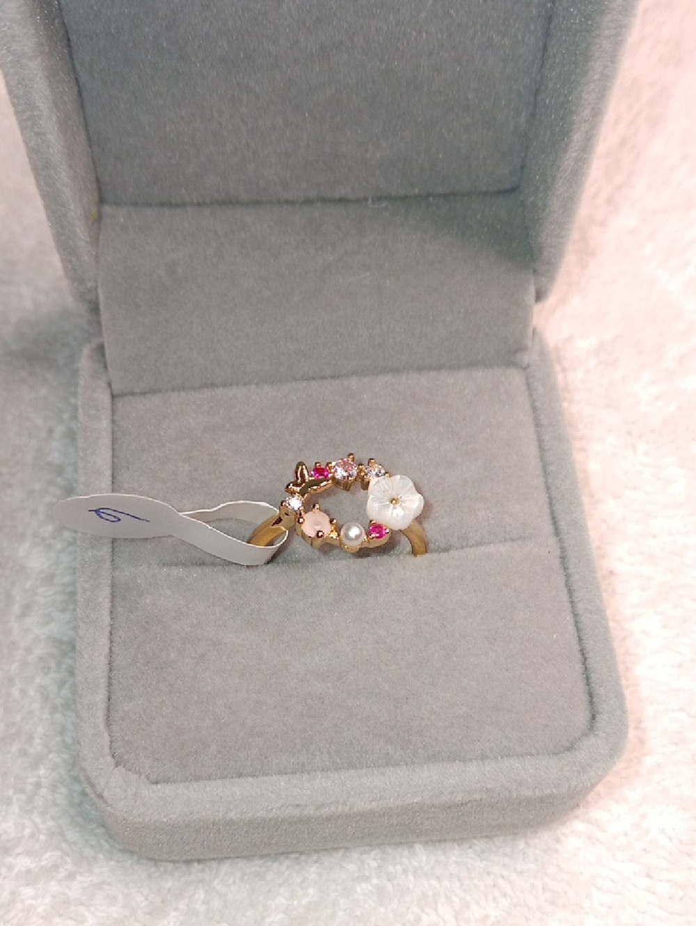 Gold Tone Floral Pearl Ring with Pink Accents